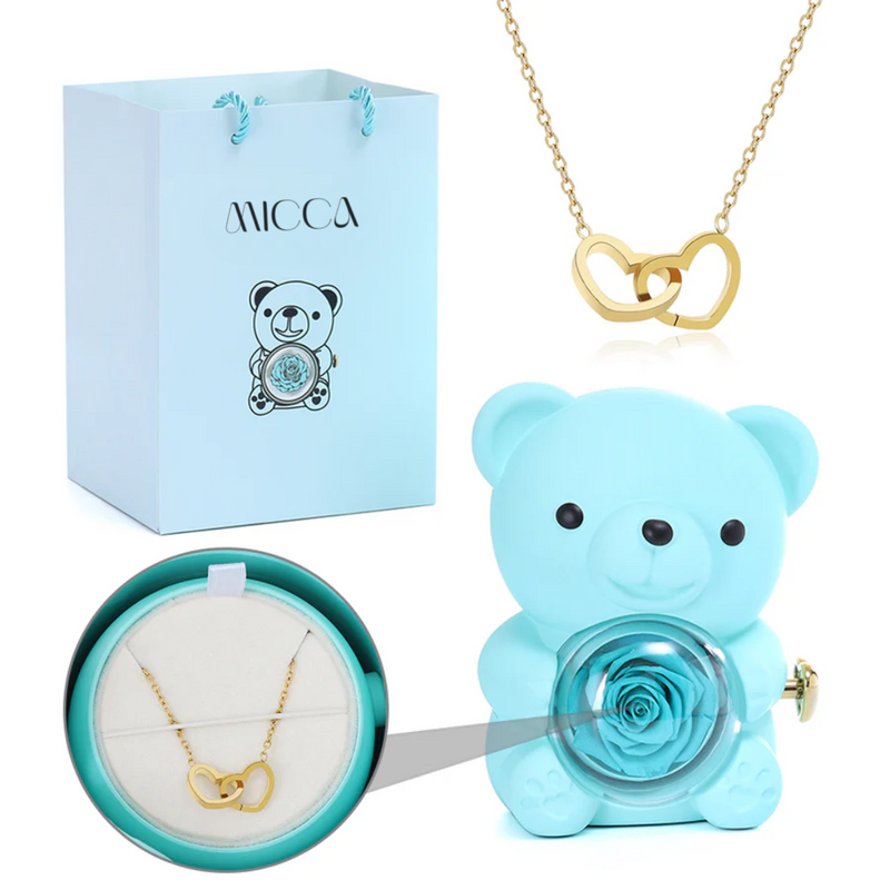Urso com Rosa Eterna & Colar Gravado com Nomes