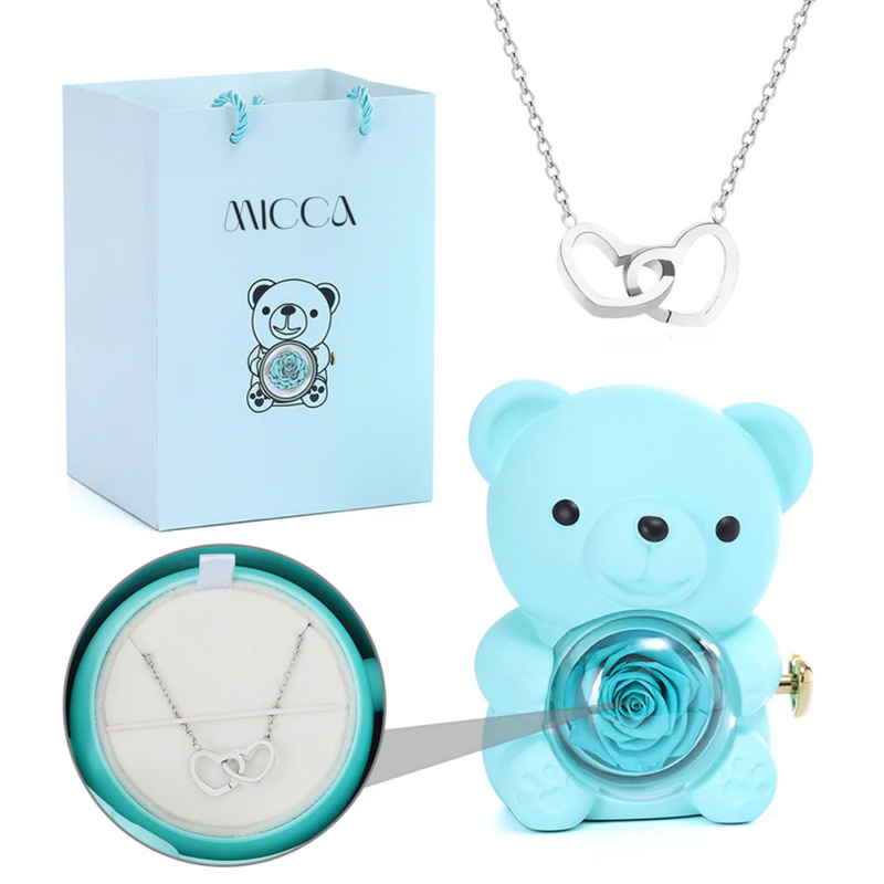 Urso com Rosa Eterna & Colar Gravado com Nomes
