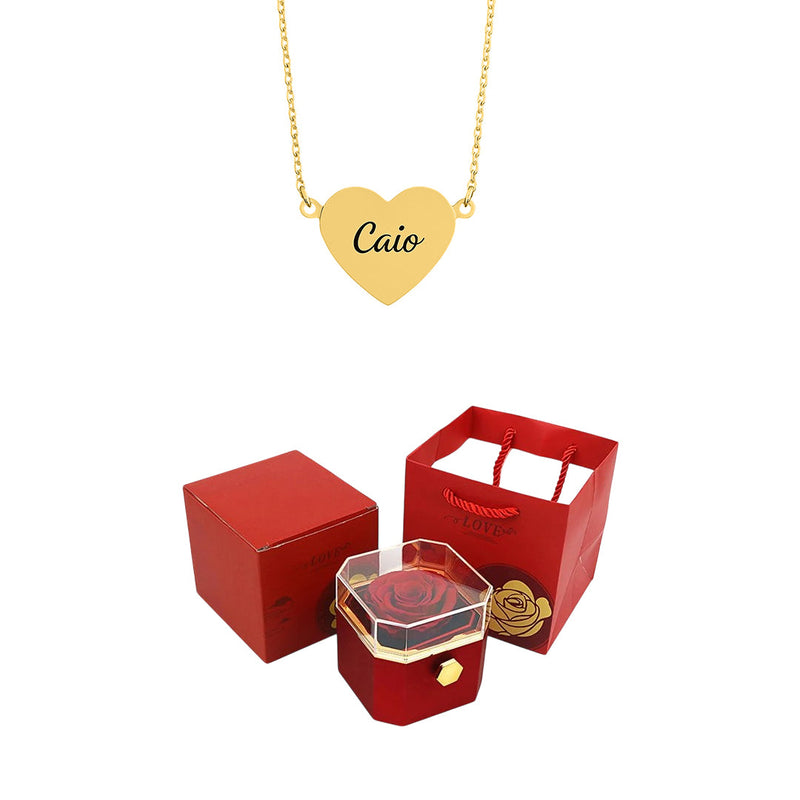 Caixa Rotativa com Rosa Eterna & Colar Coração Gravado com Nomes