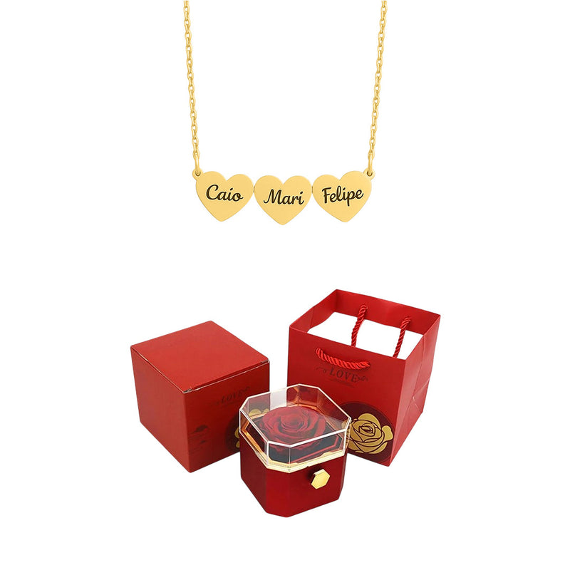 Caixa Rotativa com Rosa Eterna & Colar Coração Gravado com Nomes