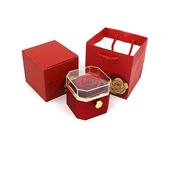 Caixa Rotativa com Rosa Eterna & Colar 2 Corações