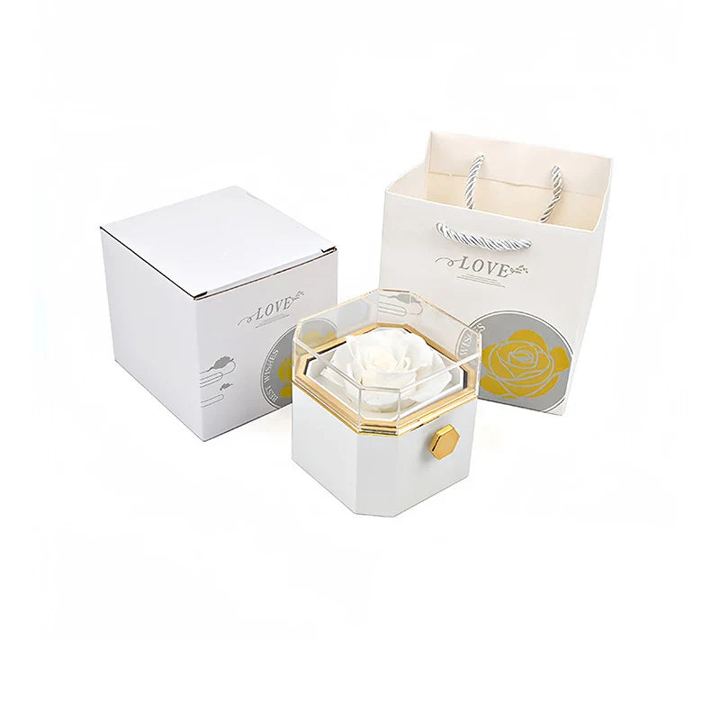 Caixa Rotativa com Rosa Eterna & Colar 2 Corações