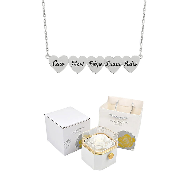 Caixa Rotativa com Rosa Eterna & Colar Coração Gravado com Nomes