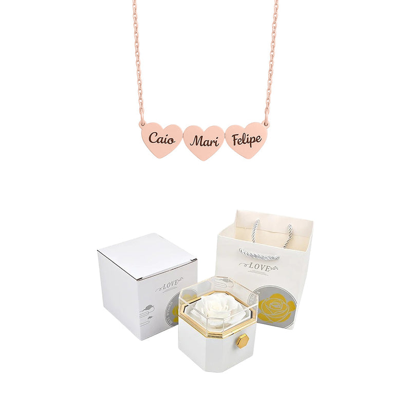 Caixa Rotativa com Rosa Eterna & Colar Coração Gravado com Nomes