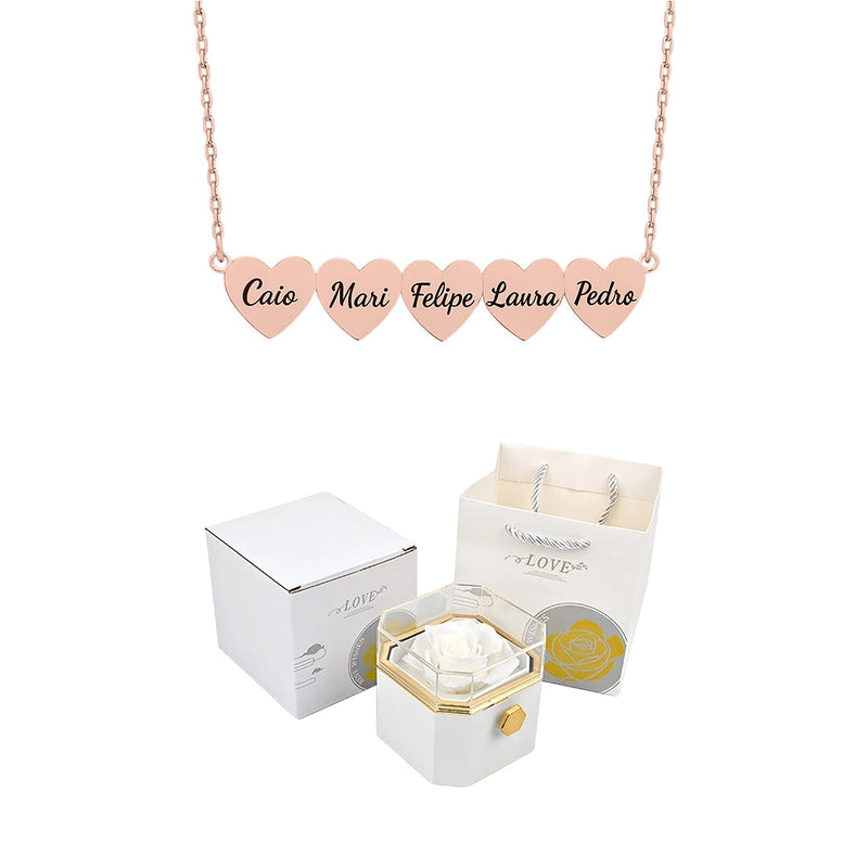 Caixa Rotativa com Rosa Eterna & Colar Coração Gravado com Nomes